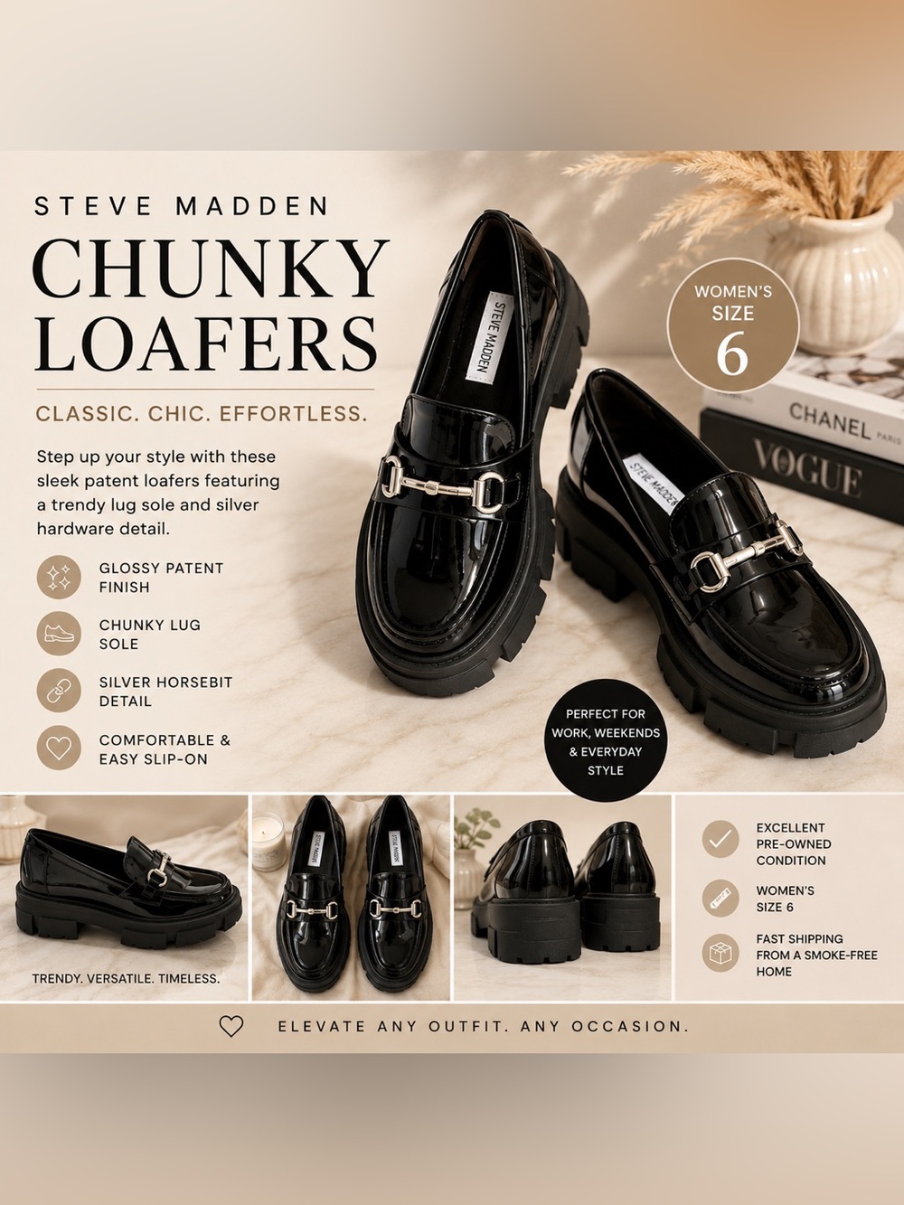 Steve Madden Black Patent Lug Sole Loafers with Silver Horsebit